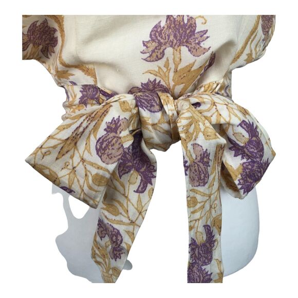 Free People Arielle Linen Blend Short Sleeve Ivory Purple Crop Top Bow Tie XS - Picture 5 of 16